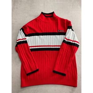 Southpole Red Black White Striped Mock Neck Ribbed Knit Sweater Mens L Y2K